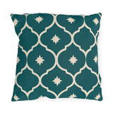 Teal Moroccan lantern tile outdoor pillow with cream outlines and small cream stars