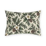 White winter roses, cedar, pinecones and white berries on a cream outdoor lumbar pillow