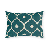 Teal Moroccan lantern tile outdoor lumbar pillow with cream outlines and small cream stars