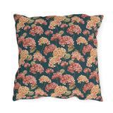 Pink and cream hydrangeas on deep teal outdoor pillow