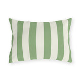 Sage green and cream cabana stripes on an outdoor lumbar pillow