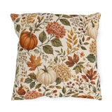 Watercolour pumpkins, hydrangeas and autumn leaves on cream outdoor pillow
