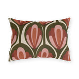 Modern retro outdoor lumbar pillow with seventies rust and pink tulips in olive green pods on cream