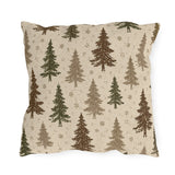 Pine trees in brown, olive and taupe on a speckled cream outdoor pillow