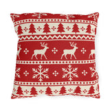 Red and cream fair isle Christmas outdoor pillow with reindeer, pine trees and snowflakes
