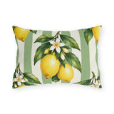 Watercolor lemons with leaves and white blossoms on a sage green and cream striped outdoor lumbar pillow
