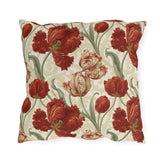 Deep red parrot tulips with sage leaves on a cream outdoor pillow