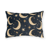 Gold crescent moons and stars on a deep navy outdoor lumbar pillow