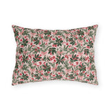 Holly, pine, red berries and pink bows on blush outdoor lumbar pillow