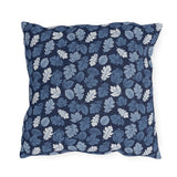 Indigo, steel blue and white autumn leaves on navy outdoor pillow