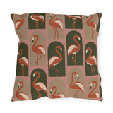 Flamingo outdoor pillow with coral flamingos inside olive green and blush arches