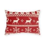 Red and cream fair isle Christmas outdoor lumbar pillow with reindeer, pine trees and snowflakes