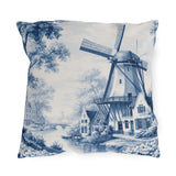 Blue and white Delft windmill and canal scene on an outdoor pillow