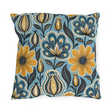 Floral outdoor pillow with Scandinavian folk flowers in mustard, teal and navy on sky blue