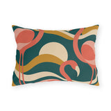 Retro flamingo outdoor lumbar pillow with coral flamingos, mustard waves and sun discs on teal
