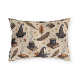 Witch hats, cauldrons, spell books and gold stars on parchment cream outdoor lumbar pillow