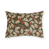 Ivory and olive holly leaves with coral berries on a deep green outdoor lumbar pillow