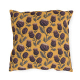 Deep plum artichoke thistles on warm ochre outdoor pillow