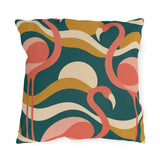 Retro flamingo outdoor pillow with coral flamingos, mustard waves and sun discs on teal