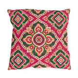 Boho outdoor pillow with Moroccan medallions in emerald green, orange and cream on raspberry pink