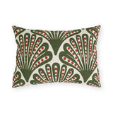 Modern outdoor lumbar pillow with olive green art deco fans dotted in red on cream