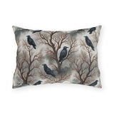 Ravens perched in bare rust branches with a full moon on misty grey outdoor lumbar pillow