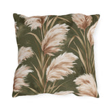 Cream pampas grass plumes on olive green outdoor pillow