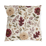 Burgundy dahlias, oak leaves and berries on cream outdoor pillow