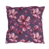 Pink painted magnolias on deep plum purple outdoor pillow