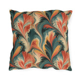 Coral, teal and ochre marbled swirl outdoor pillow
