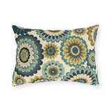 Oversized folk flower outdoor lumbar pillow in teal, navy and ochre on cream