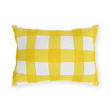 Yellow gingham check outdoor lumbar pillow with hand-painted lemon yellow checks on white