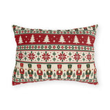 Nordic Christmas nutcracker outdoor lumbar pillow with graphic bands of nutcrackers, pine trees and snowflakes in red, green and cream