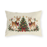 Christmas reindeer outdoor lumbar pillow with a spotted reindeer, holly wreath, pine and golden snowflakes on cream