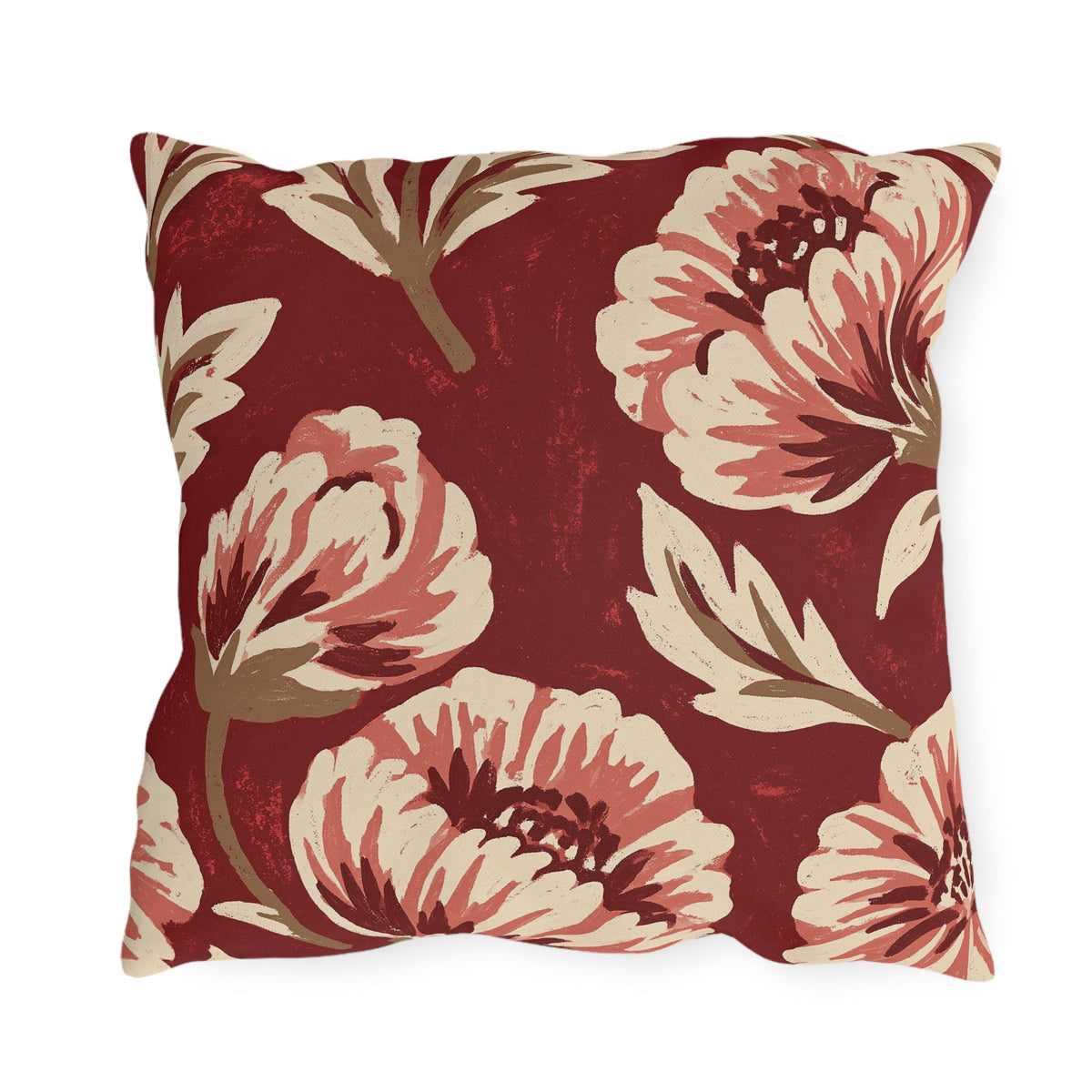 Painted Peony Red floral outdoor pillow