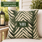 Green chevron outdoor pillow with custom two-letter monogram, second view