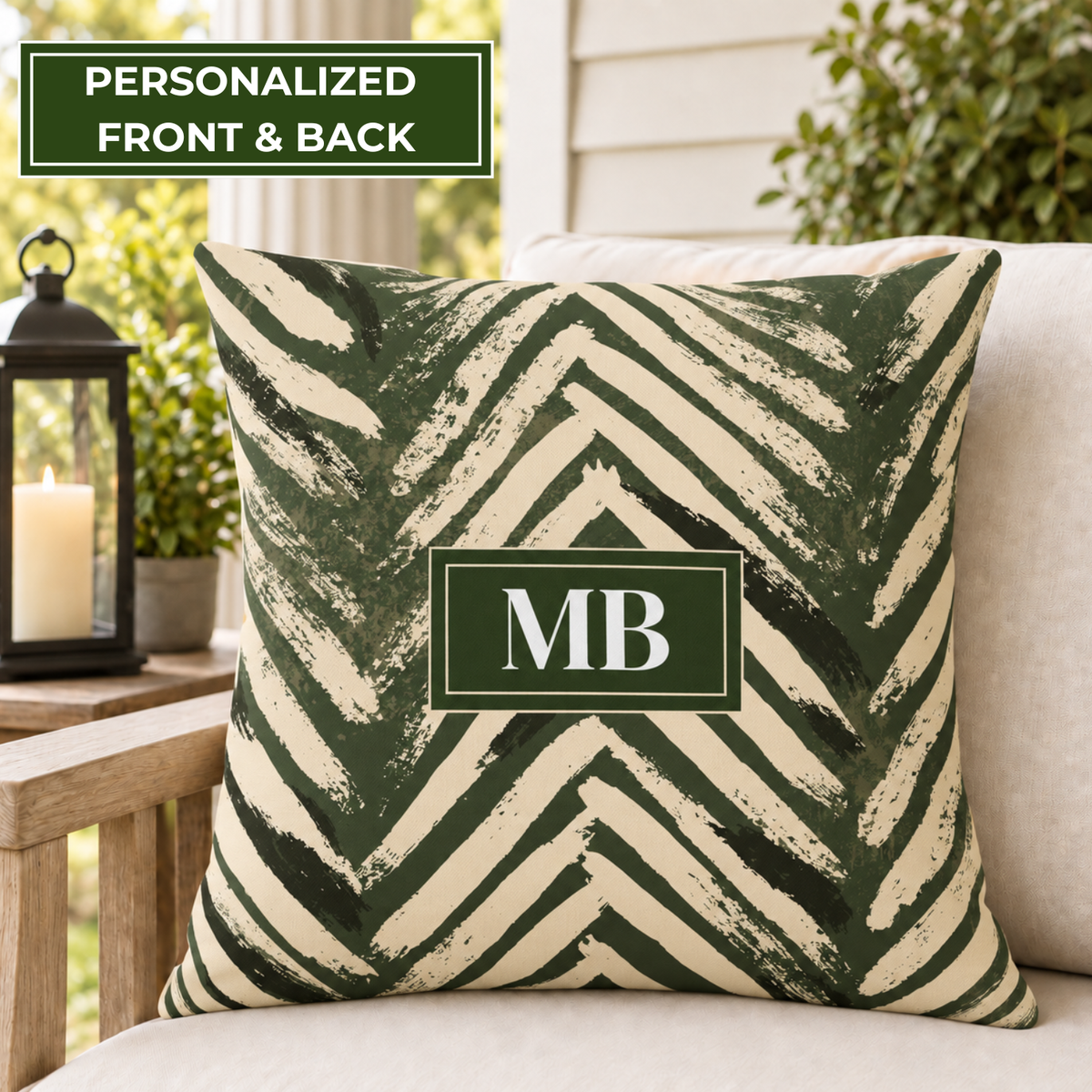 Green chevron outdoor pillow with custom two-letter monogram, second view