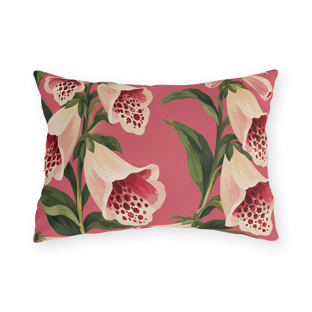 Floral outdoor lumbar pillow with painted cream foxgloves speckled in crimson and green leaves on rose pink