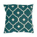 Teal Moroccan lantern tile outdoor pillow with cream outlines and small cream stars