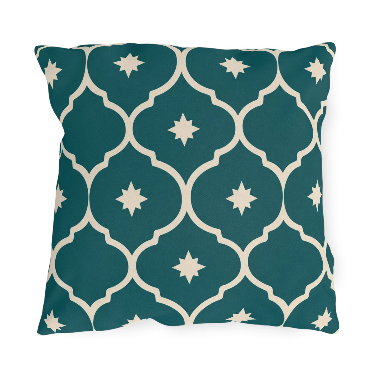Teal Moroccan lantern tile outdoor pillow with cream outlines and small cream stars