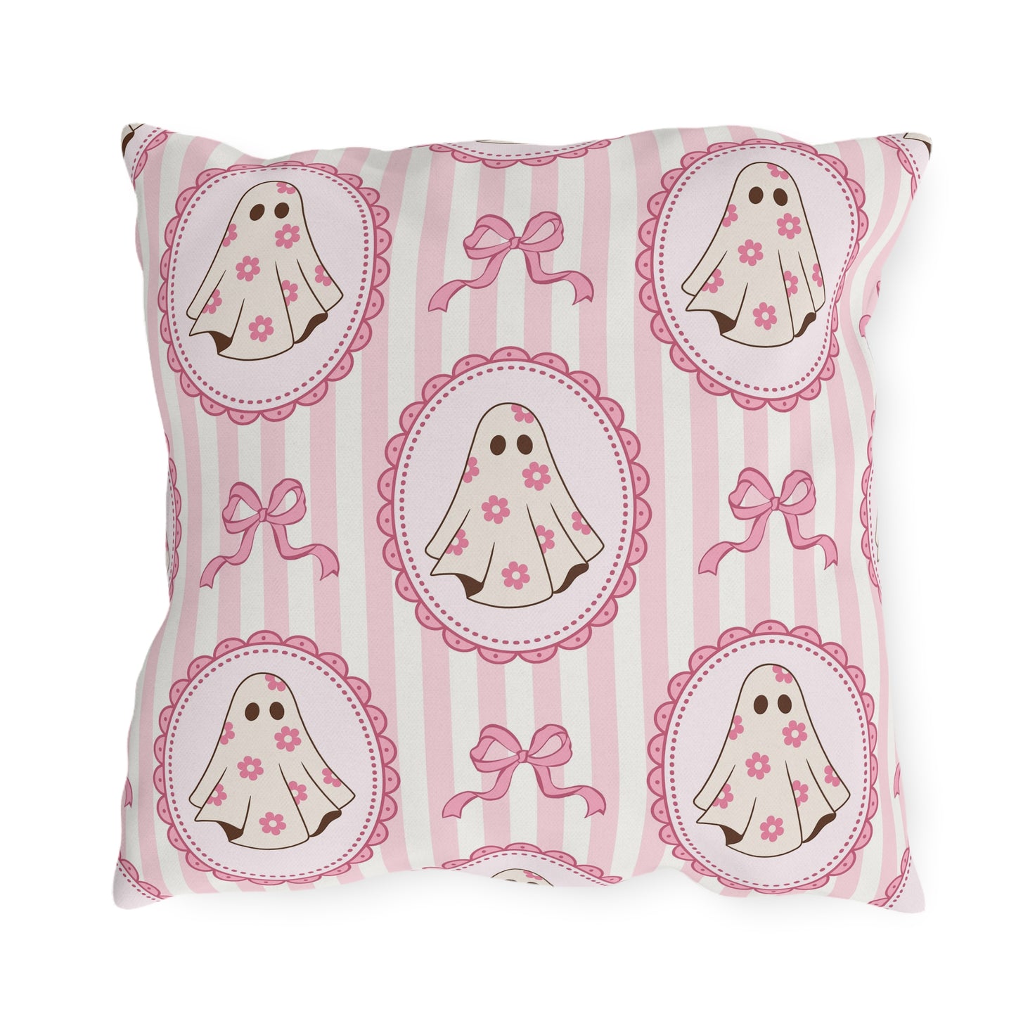 Pink cartoon ghosts in scalloped frames with bows on pink stripe outdoor pillow