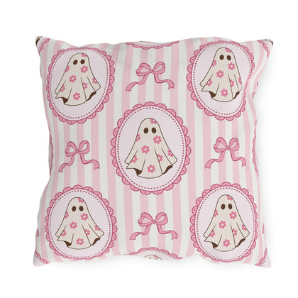 Pink cartoon ghosts in scalloped frames with bows on pink stripe outdoor pillow