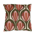 Modern retro outdoor pillow with seventies rust and pink tulips in olive green pods on cream