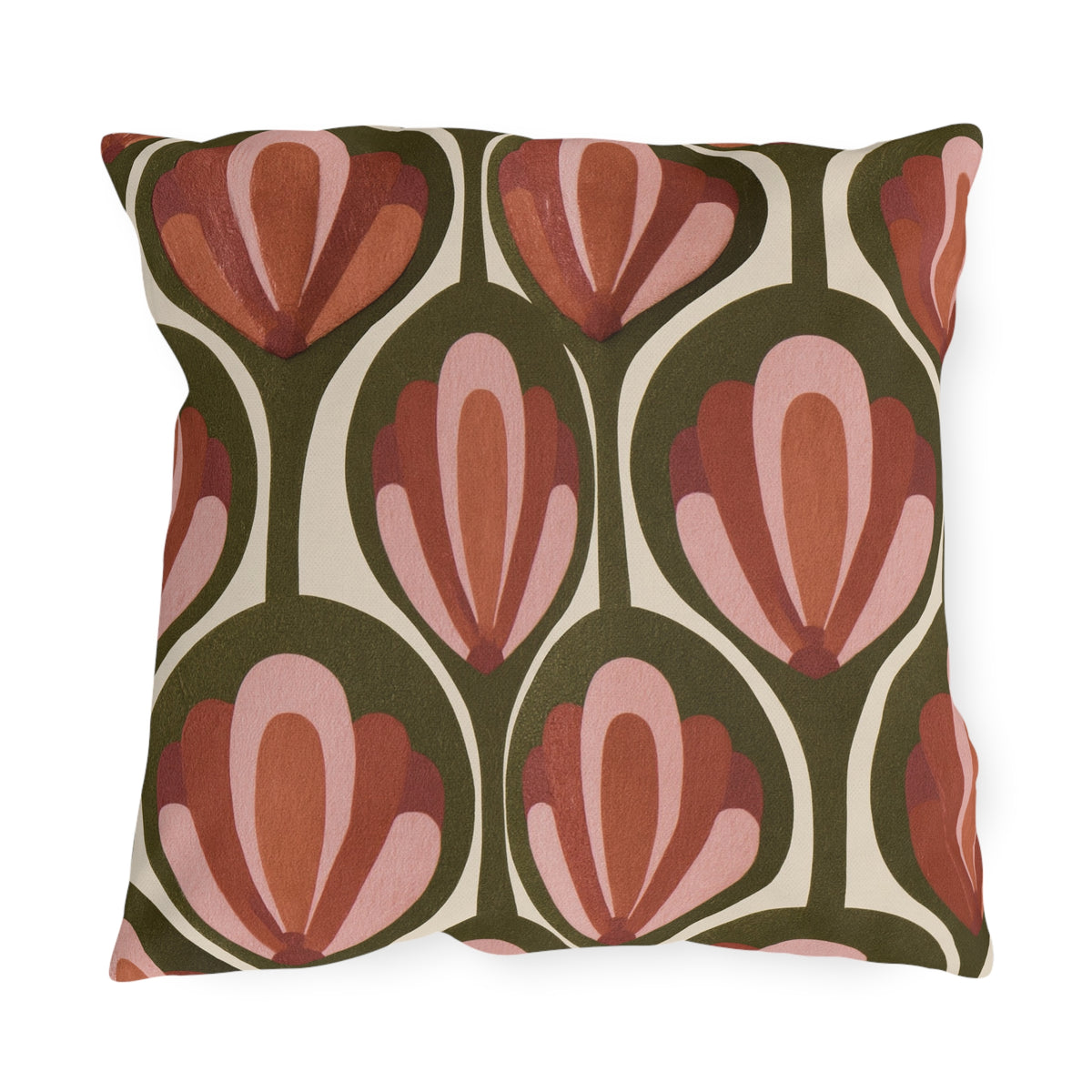 Modern retro outdoor pillow with seventies rust and pink tulips in olive green pods on cream