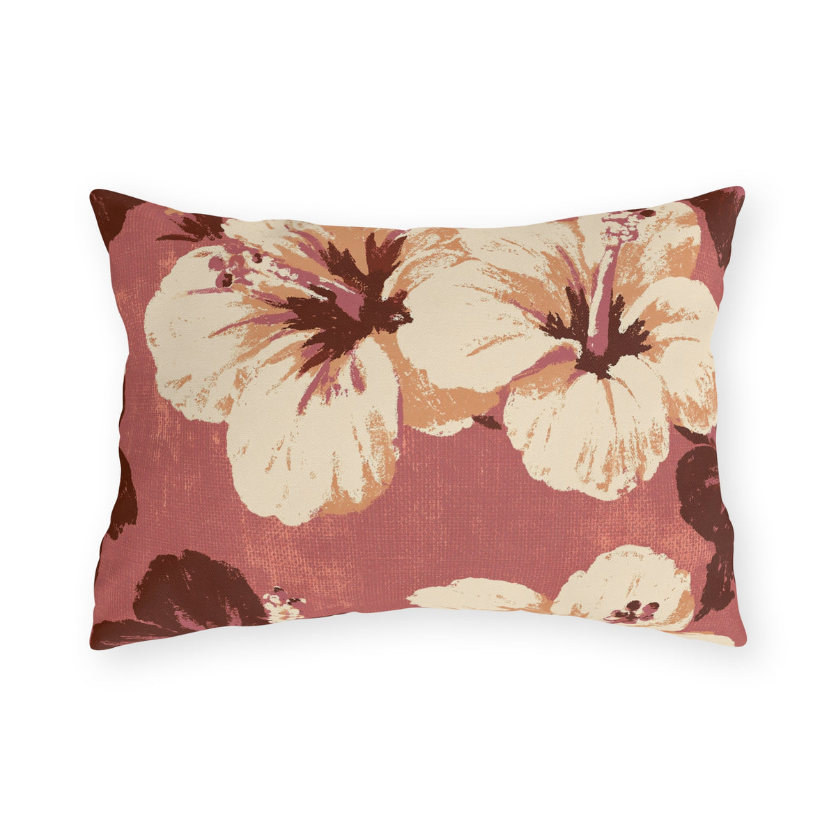 Cream and burgundy hibiscus painted on a dusty rose outdoor lumbar pillow