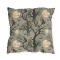 Owls in bare trees with bats and full moons on sage grey outdoor pillow