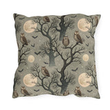 Owls in bare trees with bats and full moons on sage grey outdoor pillow
