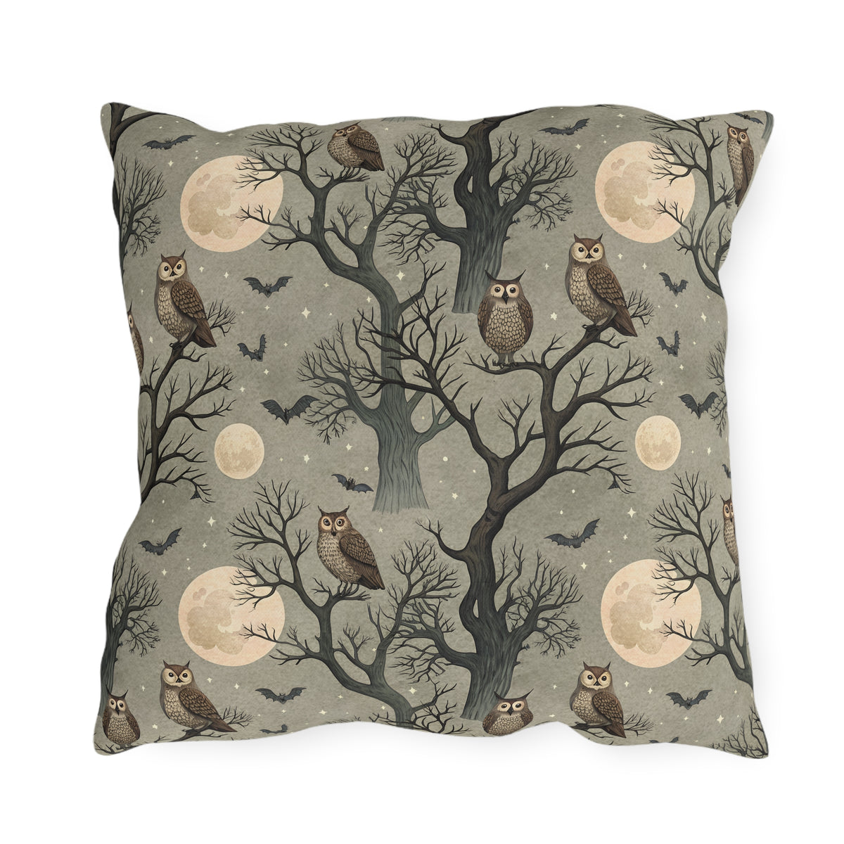 Owls in bare trees with bats and full moons on sage grey outdoor pillow