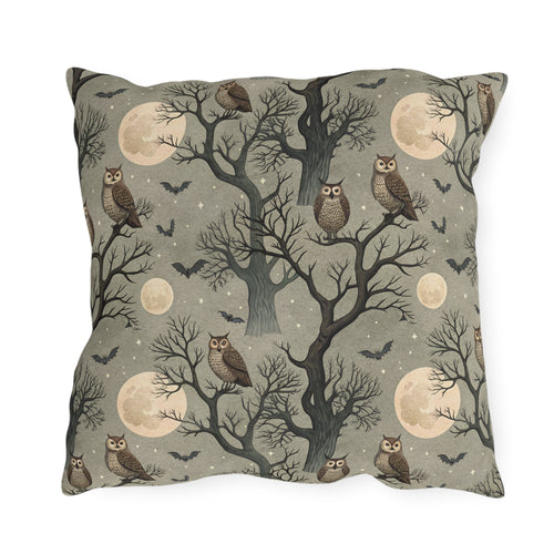 Owls in bare trees with bats and full moons on sage grey outdoor pillow