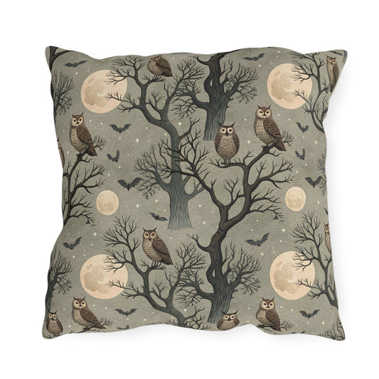Owls in bare trees with bats and full moons on sage grey outdoor pillow